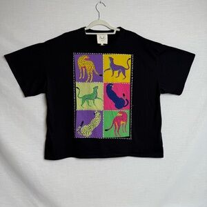 Women’s Fantastic Fawn Graphic Leopard Tee –Black Cotton Short Sleeve Top, Small